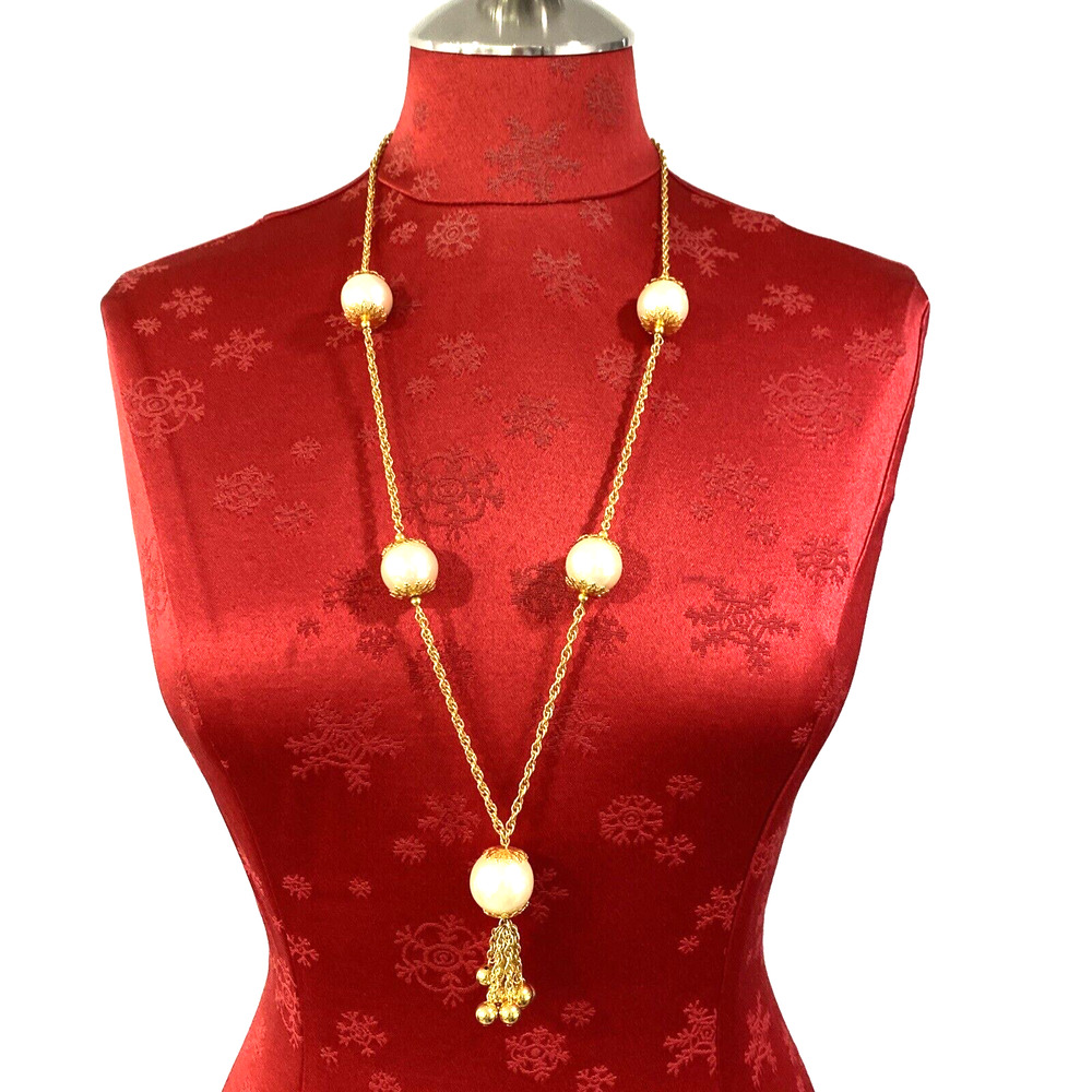 Vintage Gold Chain & Massive Chunky Faux Pearl Beads Single Loop Tassel
